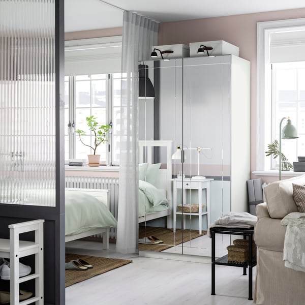 A white mirror glass/grey KAMMARTORP wardrobe combination