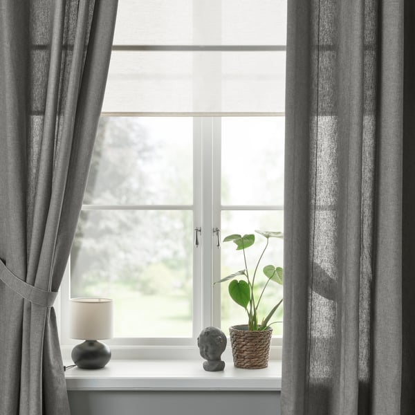 A with heading tape/dark grey LENDA curtains with tie-backs, 1 pair