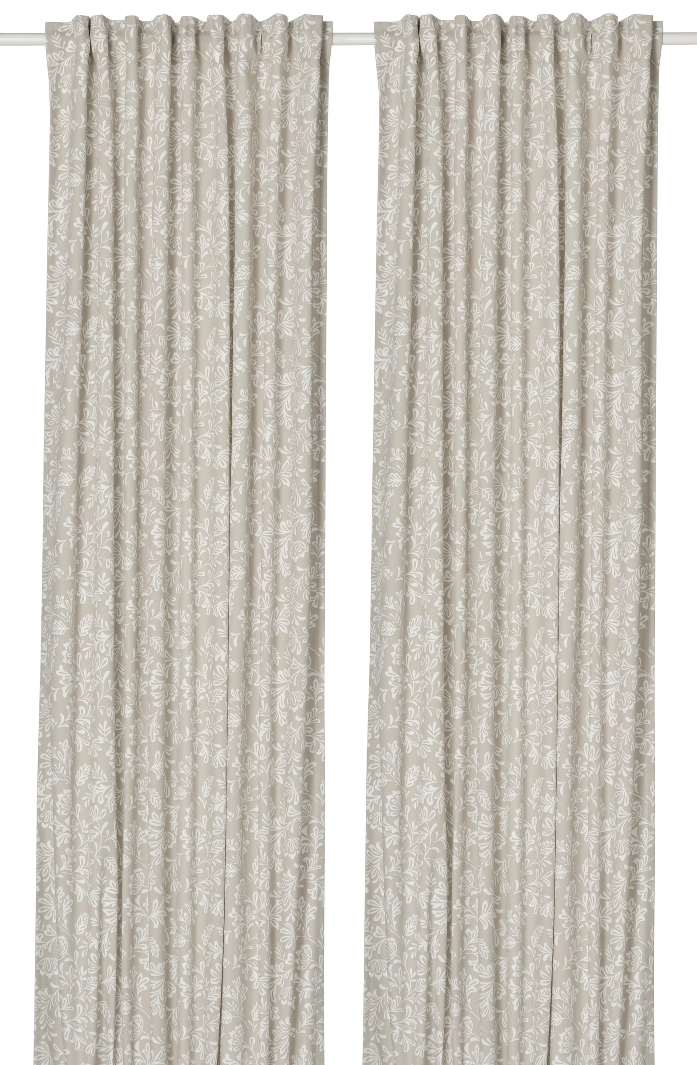 IKEA - SNÖRUTA verhot, 2 kpl, vaalea harmaanbeige valkoinen/kukkakuvio laskosnauha