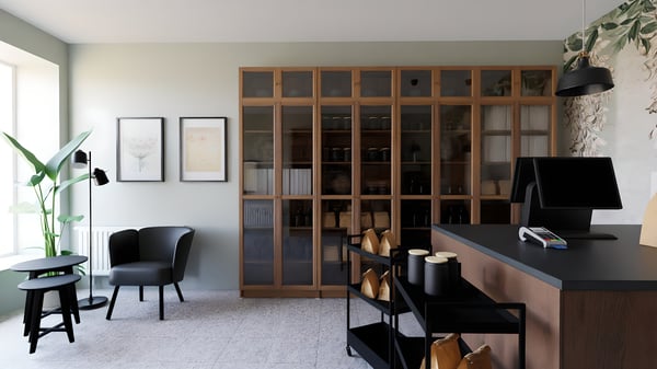 Wizualizacja 3D wnętrza biznesowego zaprojektowana przez  projektantów wnętrz IKEA.