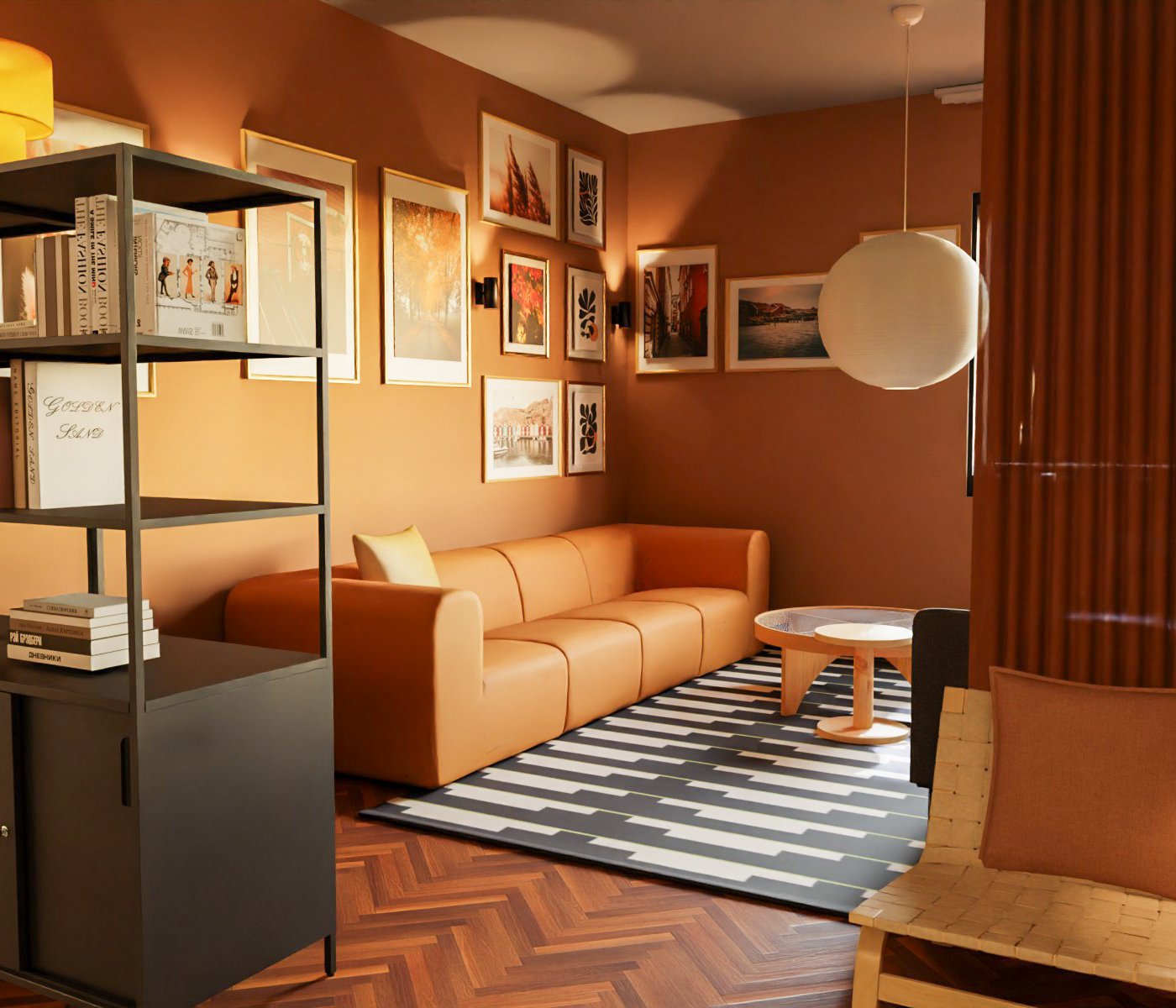 Vardagsrum i retrosil i varma bruna toner med lädersoffa, grafisk matta, runda bord, vägg med tavlor och stor vit pendellampa. Parkettgolv och dekorativa träpaneler.