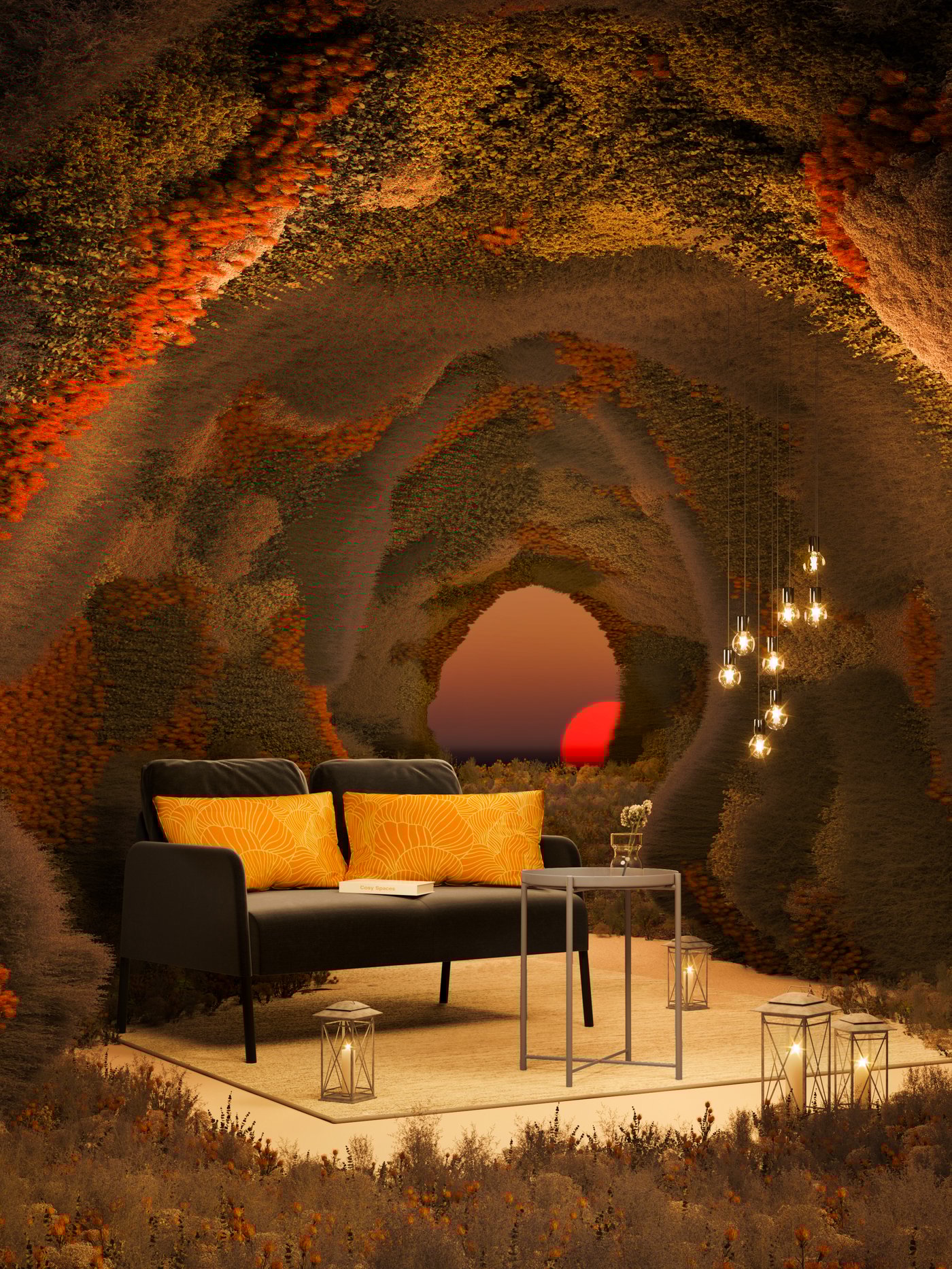 Sofá de dos plazas GLOSTAD en gris oscuro con dos cojines SVAMPMAL en una especie de cueva iluminada por bombillas BEFÄSTA .