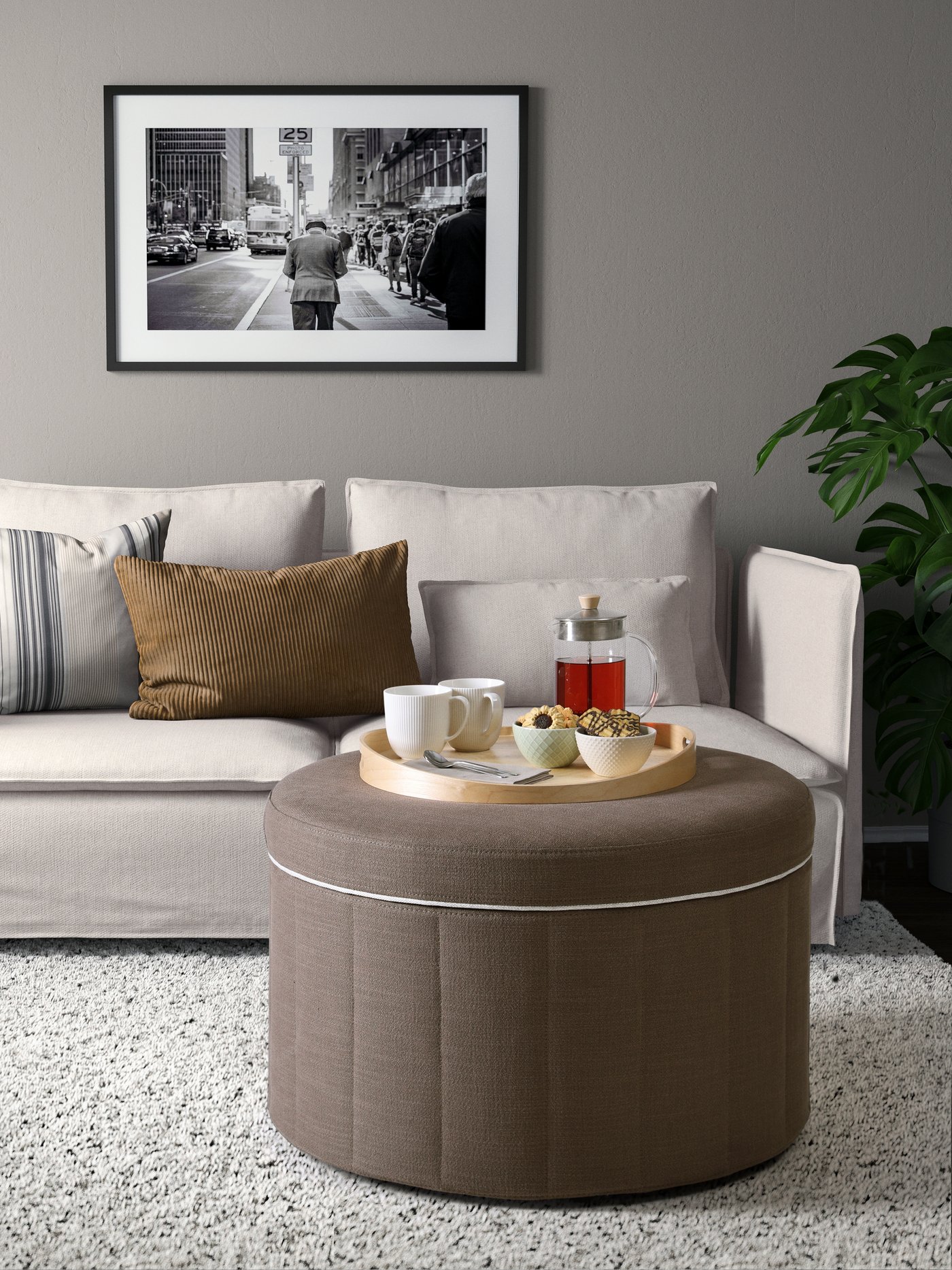 A with storage/Gransel grey-brown SIDSJÖ pouffe in the living room