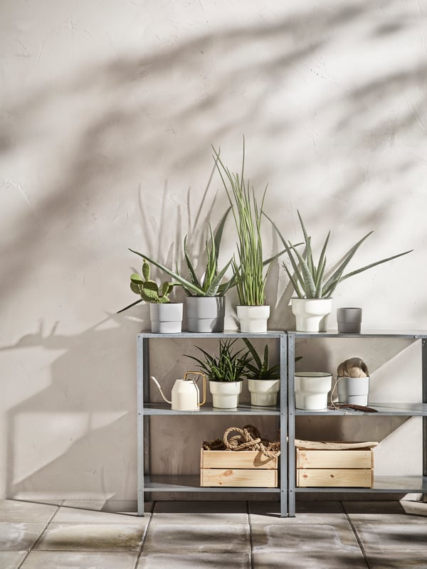 An in/outdoor HYLLIS shelving unit outside