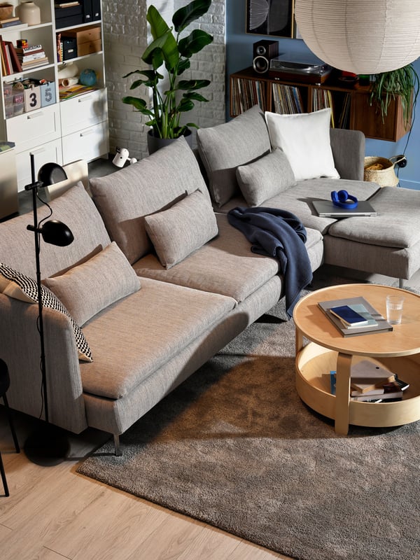 A with chaise longue/Viarp beige/brown SÖDERHAMN 4-seat sofa-bed in the living room