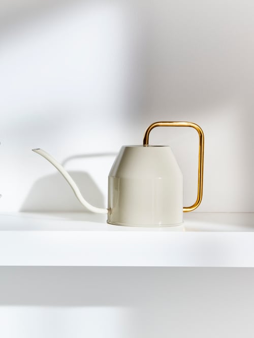 Living room corner with white walls, ivory watering can with gold handle, placed on white wall shelf, shadows.