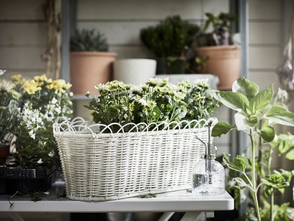 An in/outdoor white GALIAMELON flower box with holder outside
