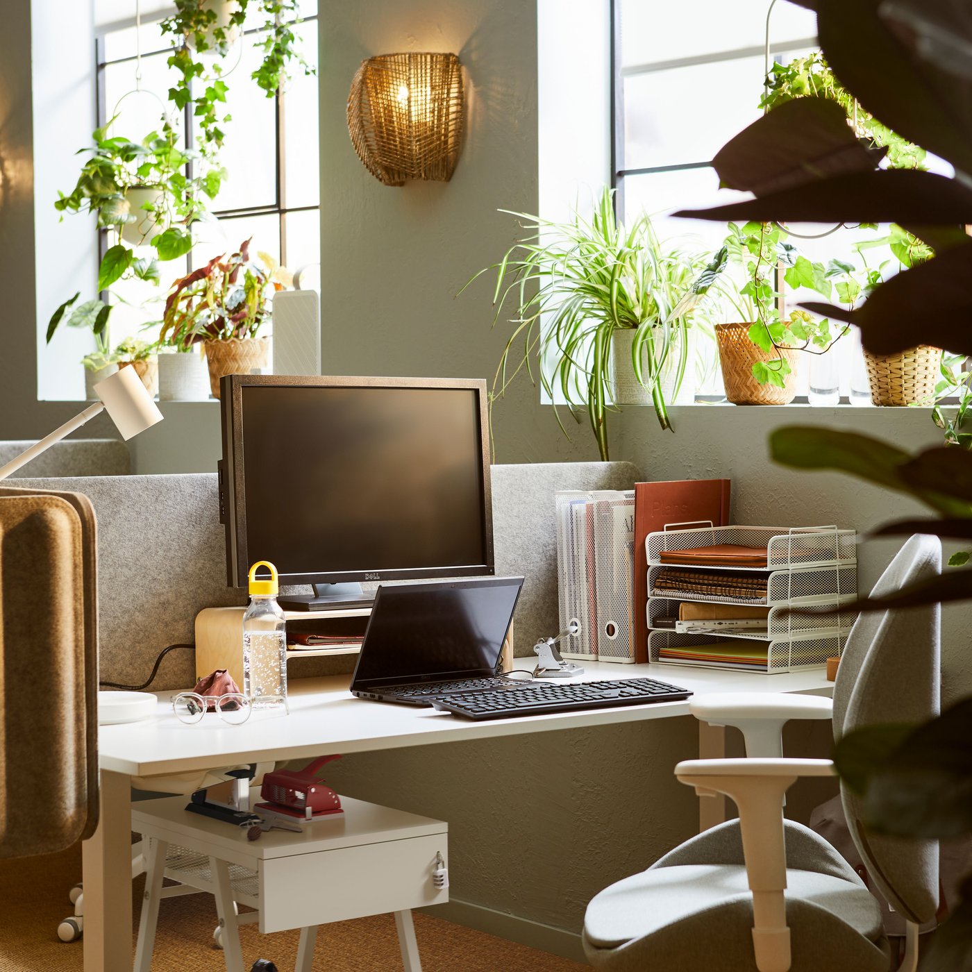En varm och hemtrevlig arbetsplats med dator, laptop, bordslampa och flera växter. En dekorativ vägglampa ger mjukt stämningsljus och bidrar till en mer personlig och ombonad miljö.
