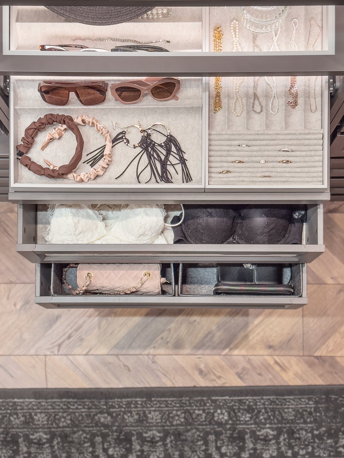Kitchen storage drawers on dispay with various stuff