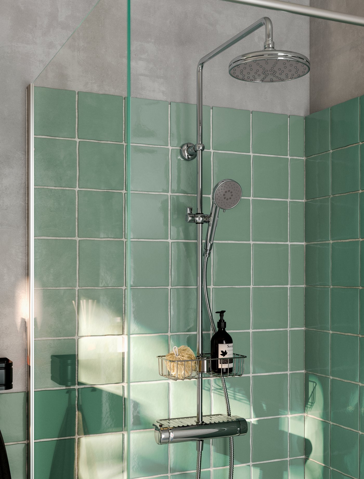A zinc plated IMMELN shower basket in the bathroom
