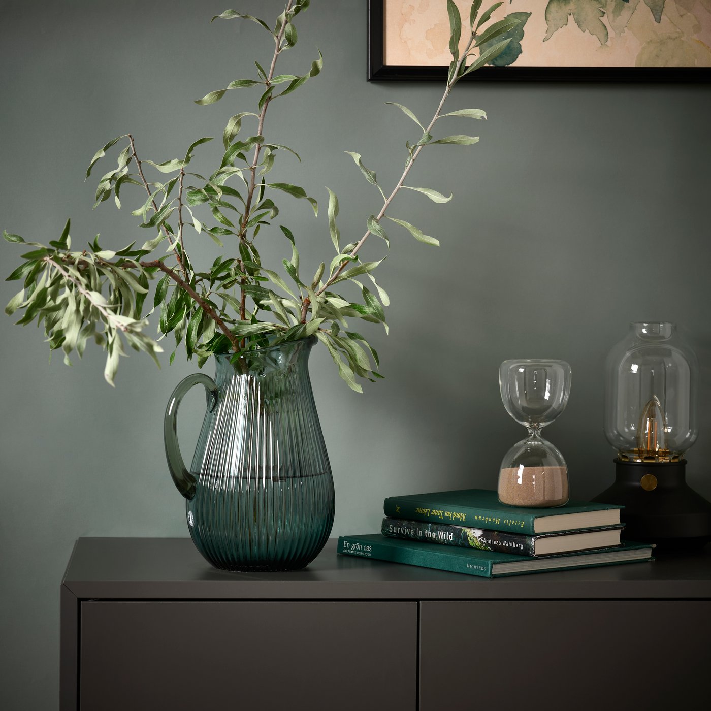 A patterned/dark grey-green VARDAGEN jug