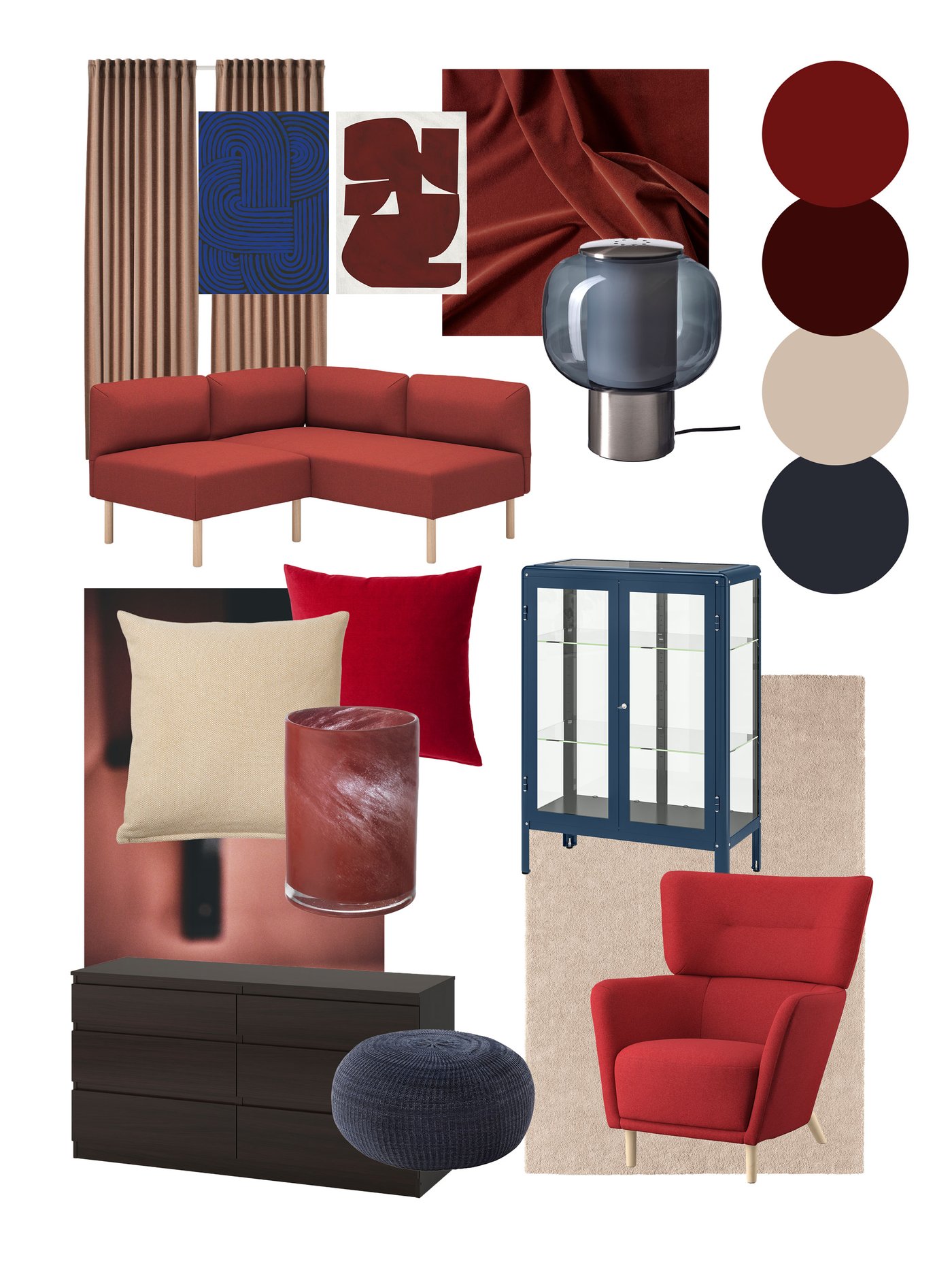 Moodboard med röda, blå och beige toner, inklusive soffa, fåtölj, vitrinskåp, byrå, lampor, kuddar, gardiner, konst och matta i harmoniserande färger.