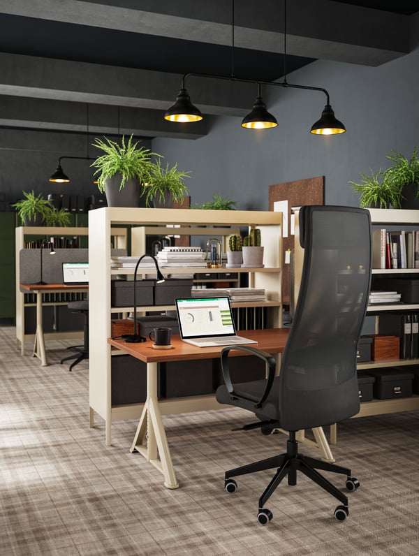 A dark grey office with cream and wood furniture with plants on top of each desk.