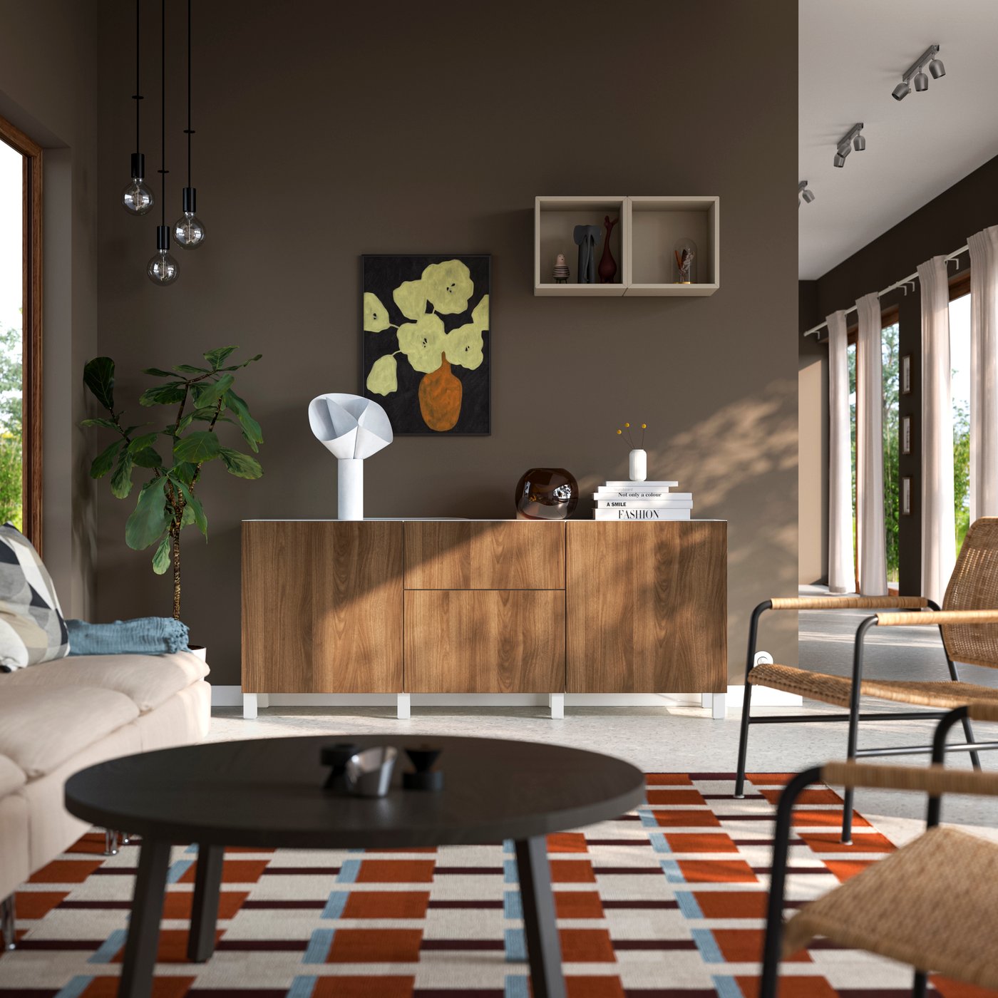 IKEA BESTÅ förvaring med lådor, vit brun/lappviken/stubbarp valnötsmönstrad, 180x42x74 cm