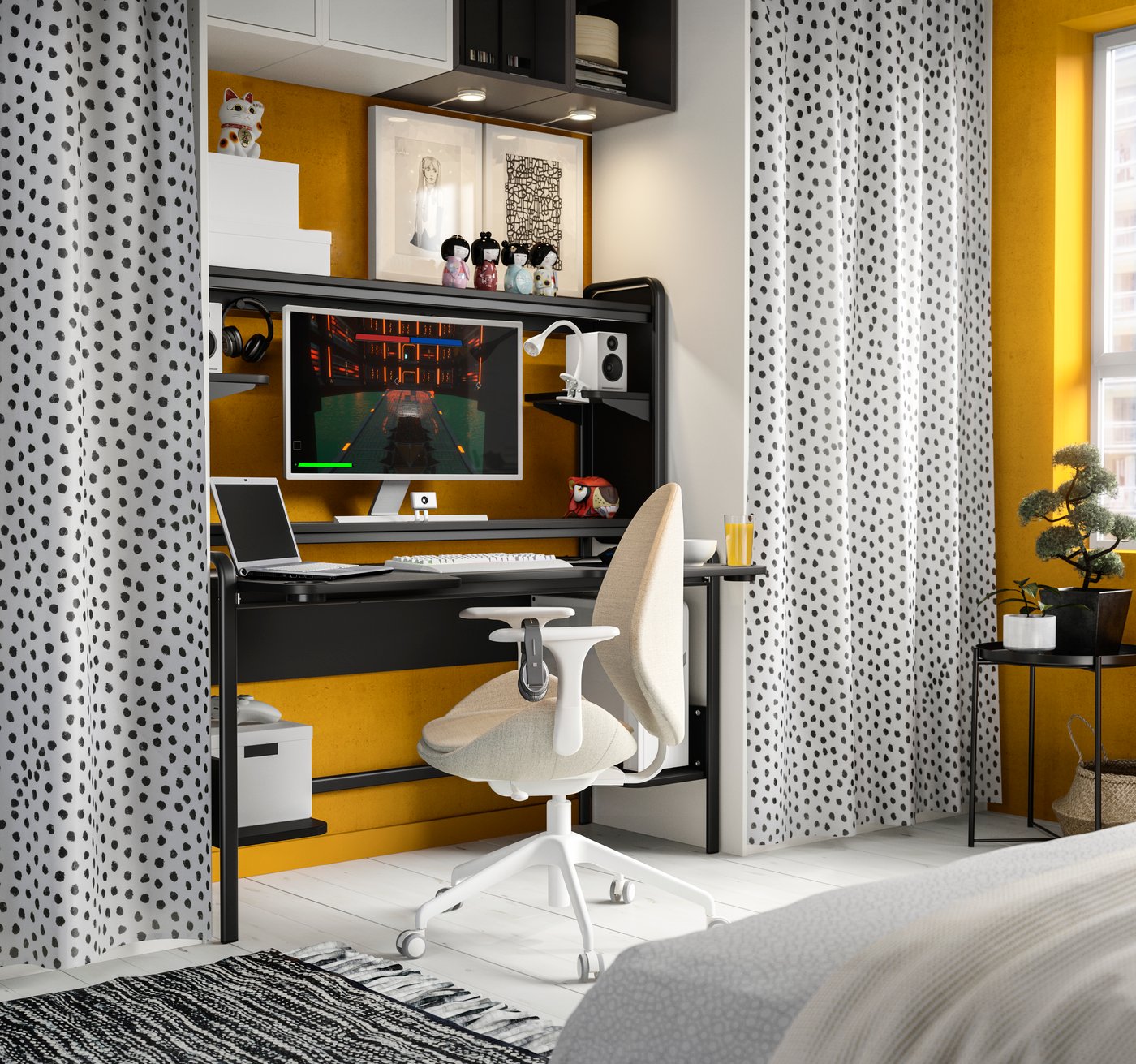 A white/black SKÄGGÖRT fabric in the bedroom