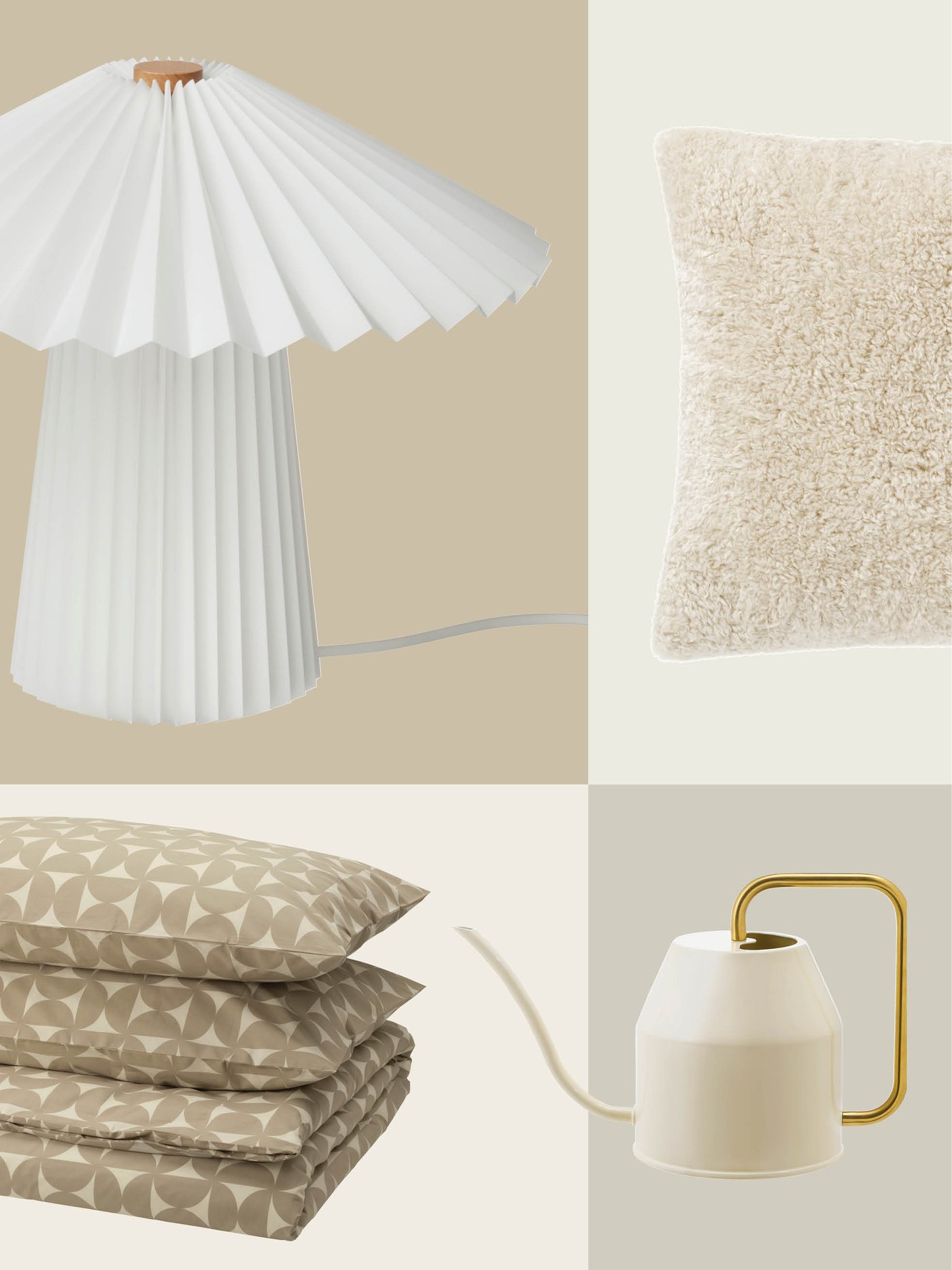 A beige textured cushion, geometric IKEA bedding, a white pleated lamp and a cream watering can with a gold handle come together to create a calm and stylish bedroom aesthetic.