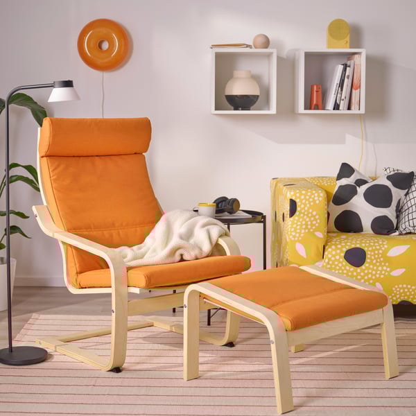 A birch veneer/Knisa bright orange POÄNG armchair and footstool