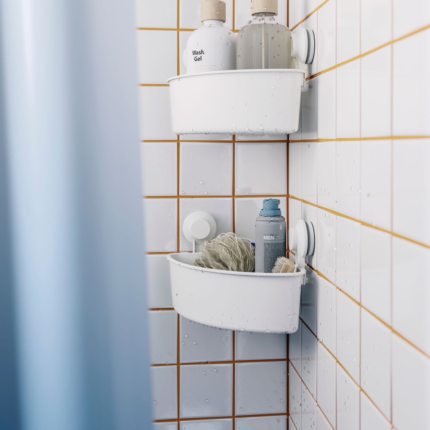 Ein weiß/blauer NYCKELN Duschvorhang im Badezimmer.