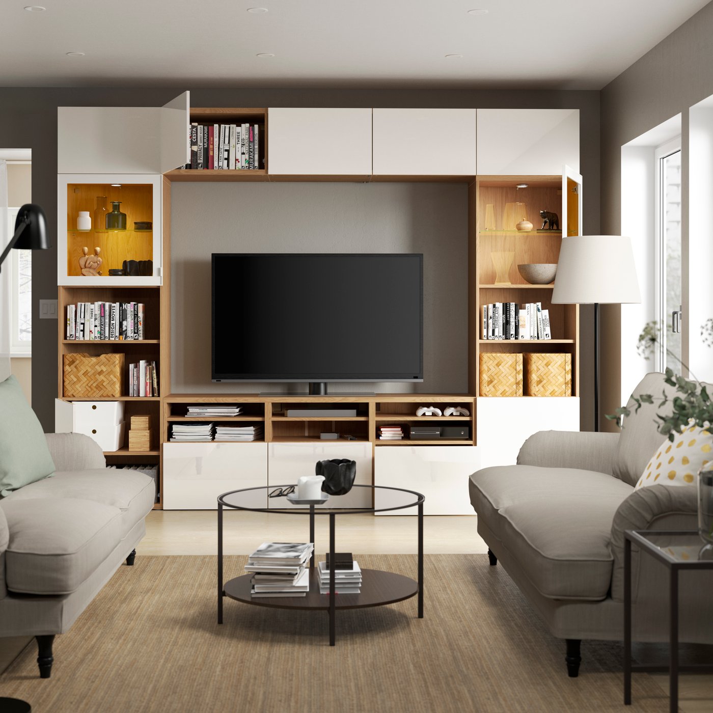 A BESTÅ T14/po 300x42x231 oak/Sels/wh cgl in the living room