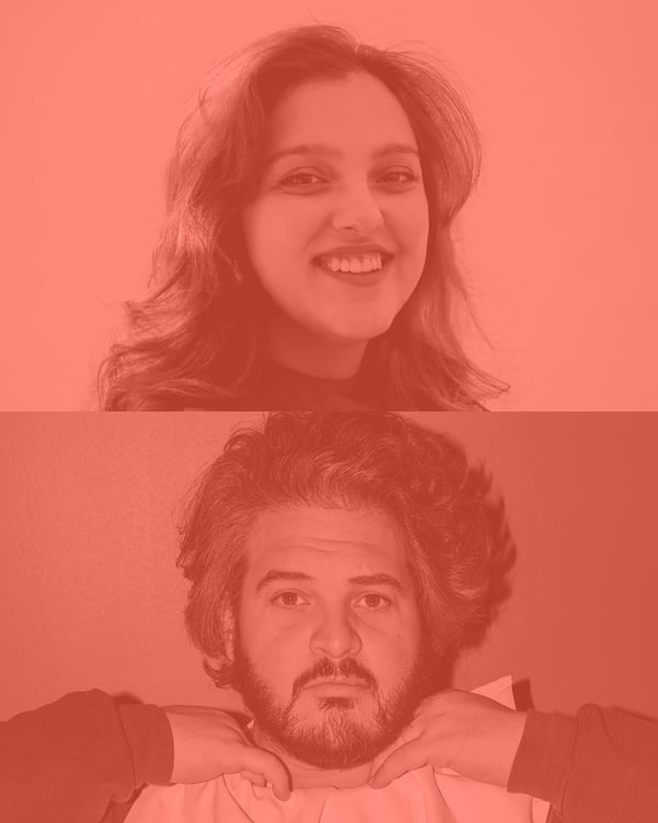 Ritratto in duotono di Mehek Malhotra e Maurizio Tentella, fotografati una accanto all’altro.