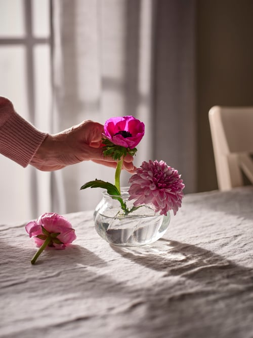 花と水が入った花瓶に別のピンクの花の茎を生けようとしている手。花瓶はクロスをかけたテーブルの上にある。
