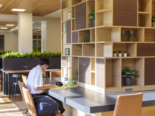 大きな窓から光が差し込む室内で、デスクに座る人物。背後には本棚があり整った作業環境