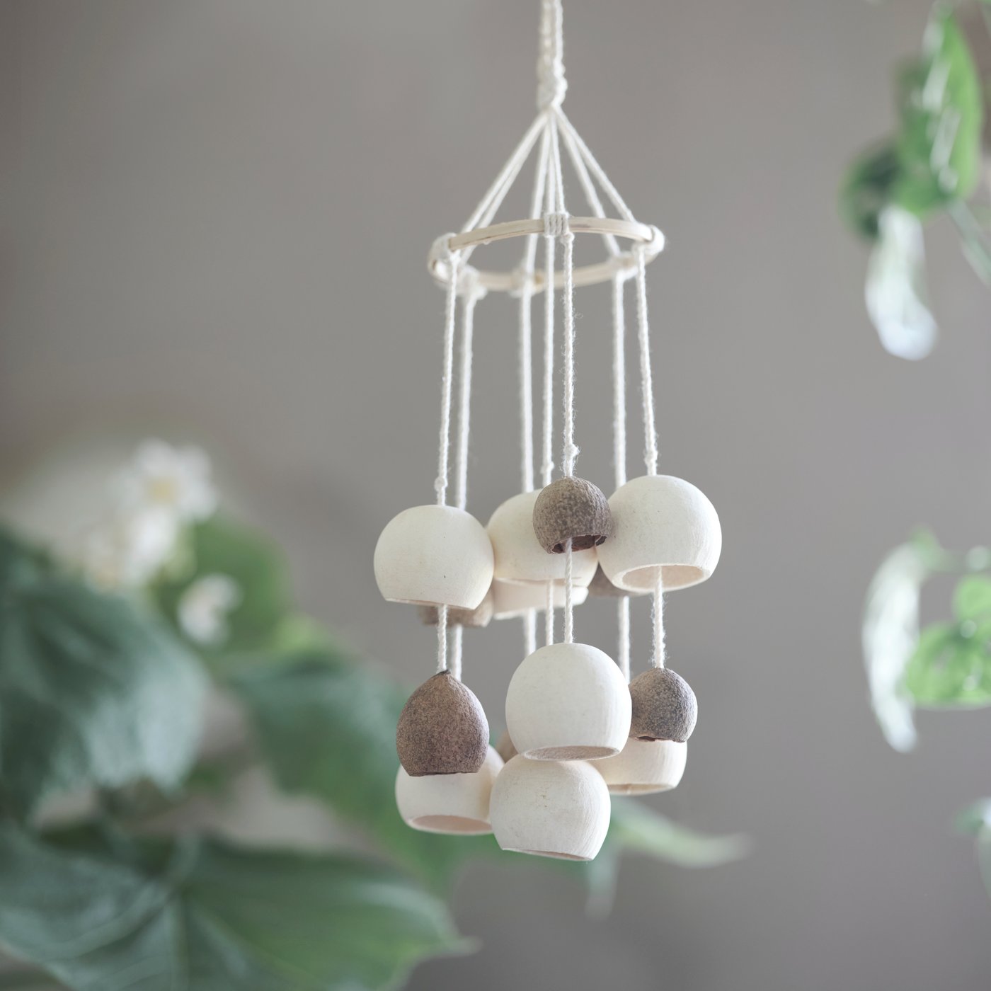 A VÅRDANDE hanging decoration of dried bell cups on white cotton strings with green house plants.