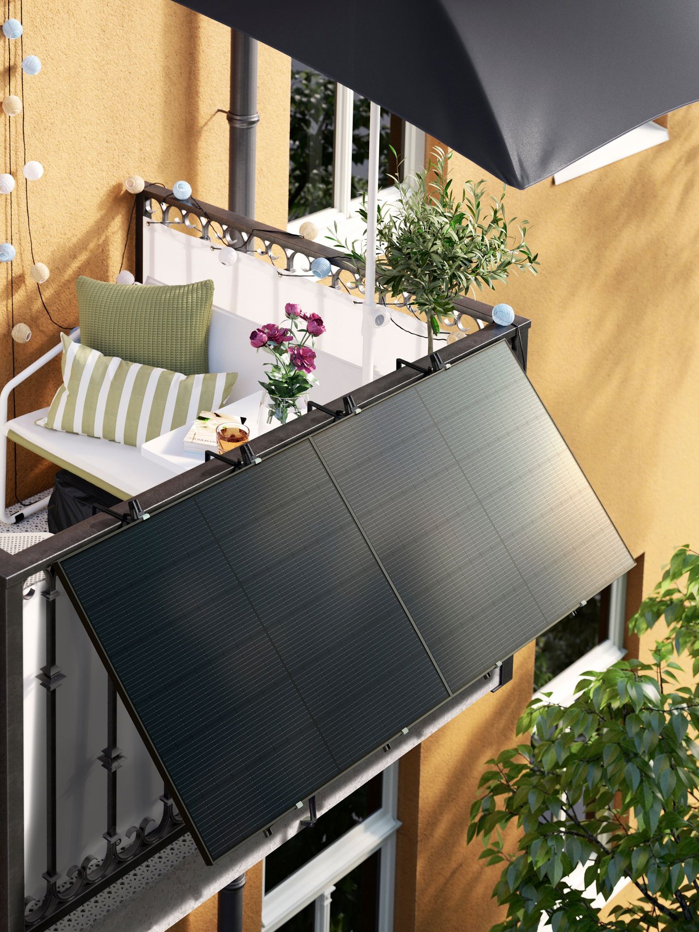 A balcony with a solar panel