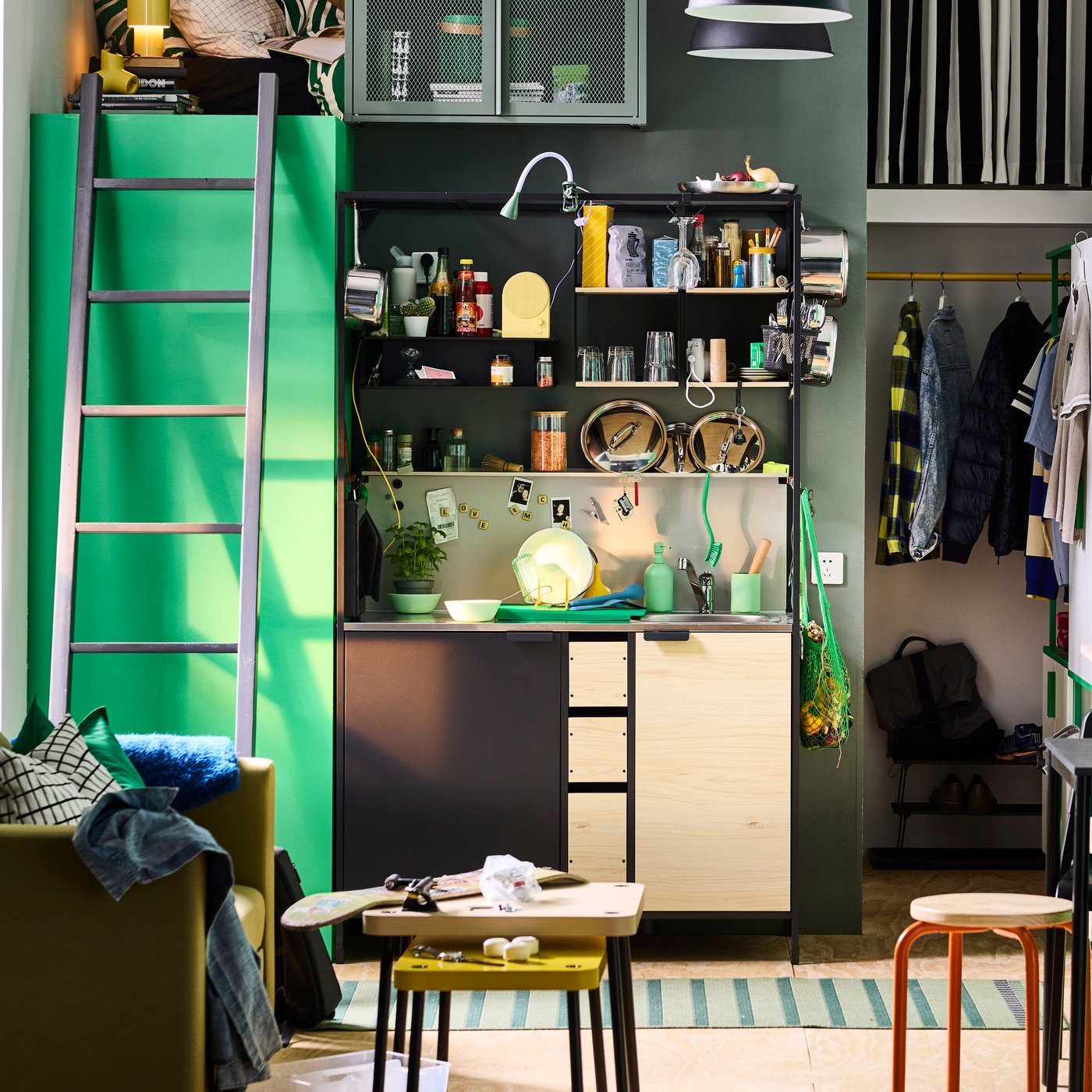Compact ÄSPINGE kitchenette in black/ash in modern student college accommodation.