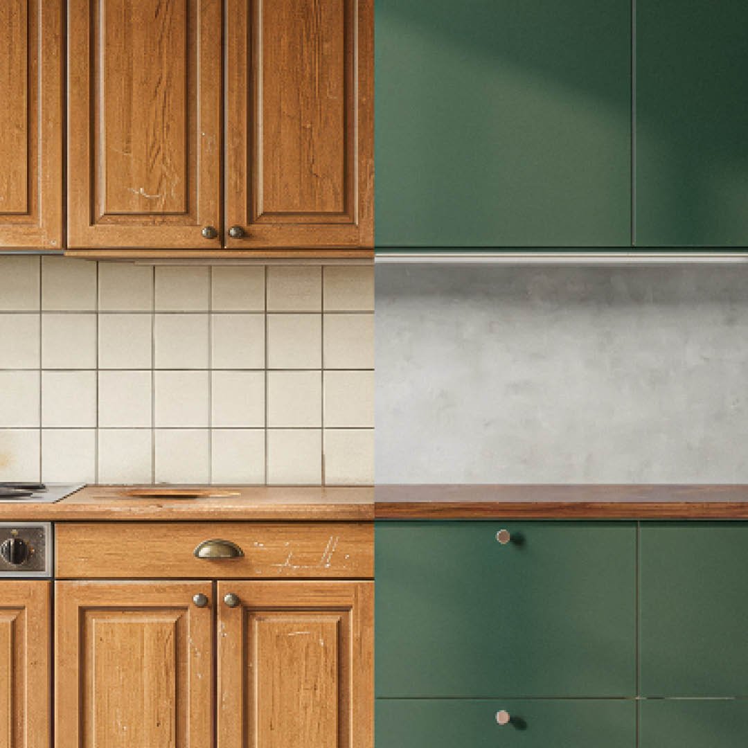 Auf einem Bild sieht man links eine Küche mit alten Fronten und alten Fliesen und rechts die gleiche Küche mit modernen grünen Fronten und einer grauen Rückwand.