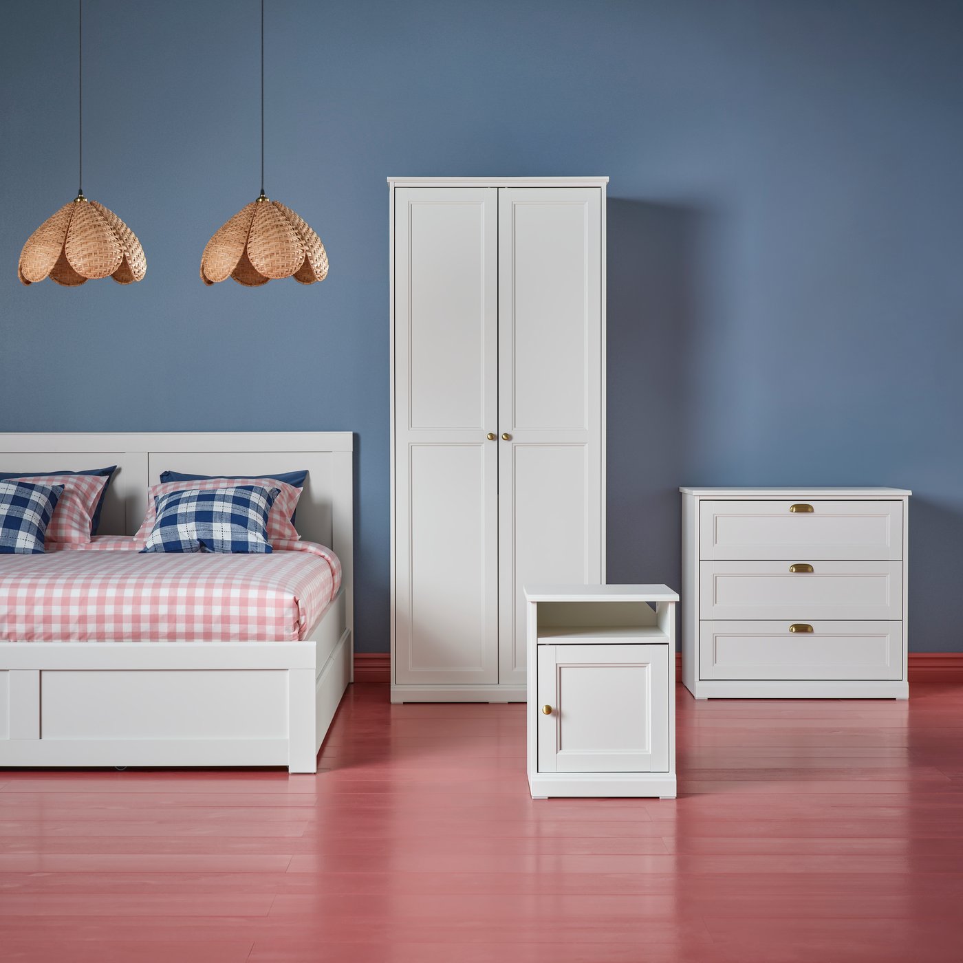 FÅGELFJÄLLET bed frame, bedside table, wardrobe and dressers arranged in a still-life style in a studio setting.
