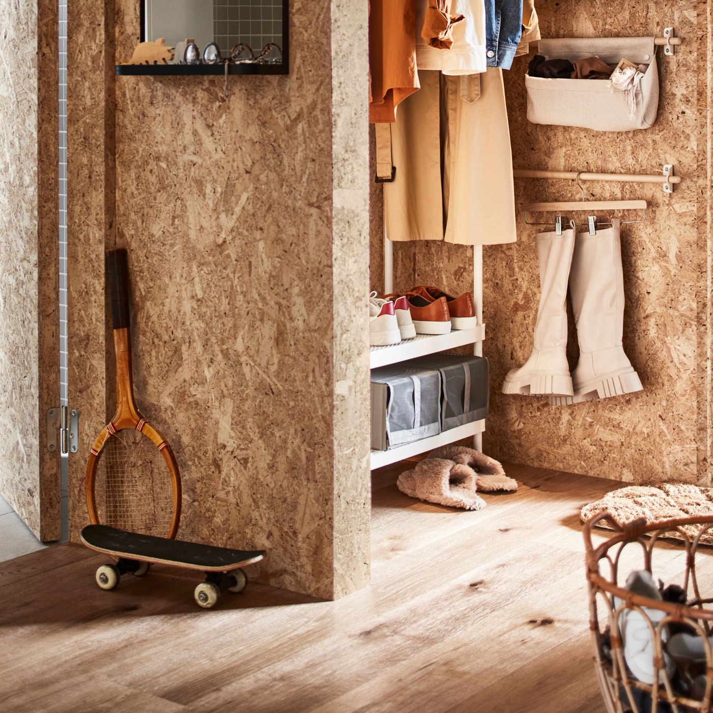 A coat rack with shoe storage in a hallway by a basket with shoes and a wall rail holding boots on a BUMERANG skirt hanger.
