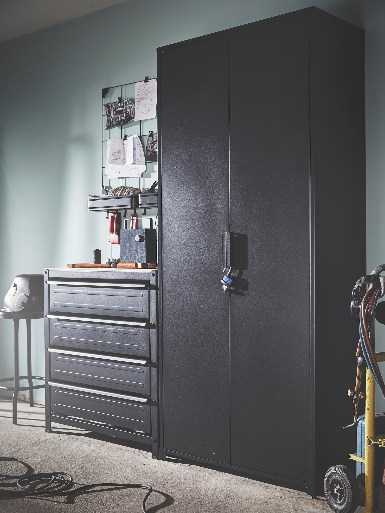 A black BROR cabinet with doors
