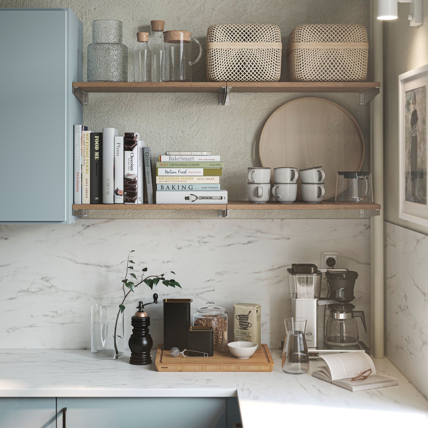KUNGSFORS shelf in ash veneer holding jars and baskets, with books and cups in a tidy kitchen setup.