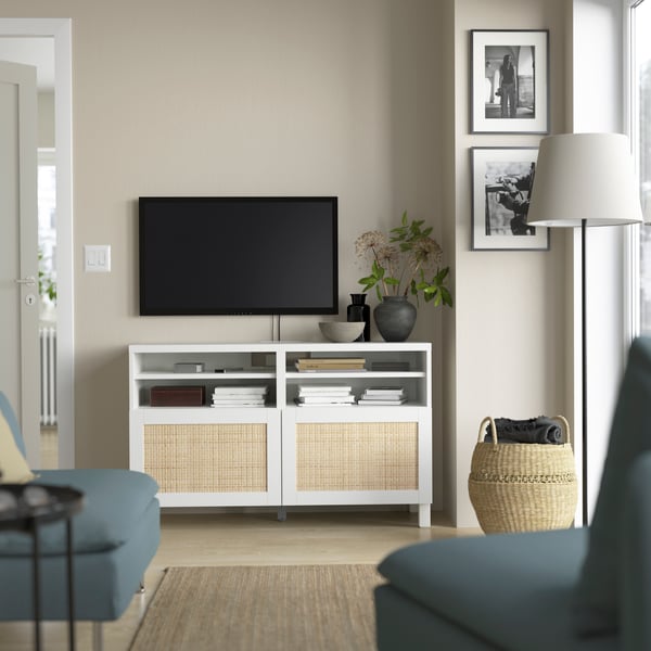 A white/Studsviken/Stubbarp white BESTÅ TV bench with doors