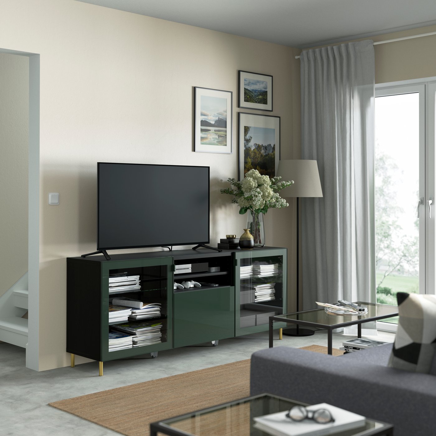 A black-brown Glassvik/Selsviken/Ösarp dark olive-green BESTÅ TV bench with drawers