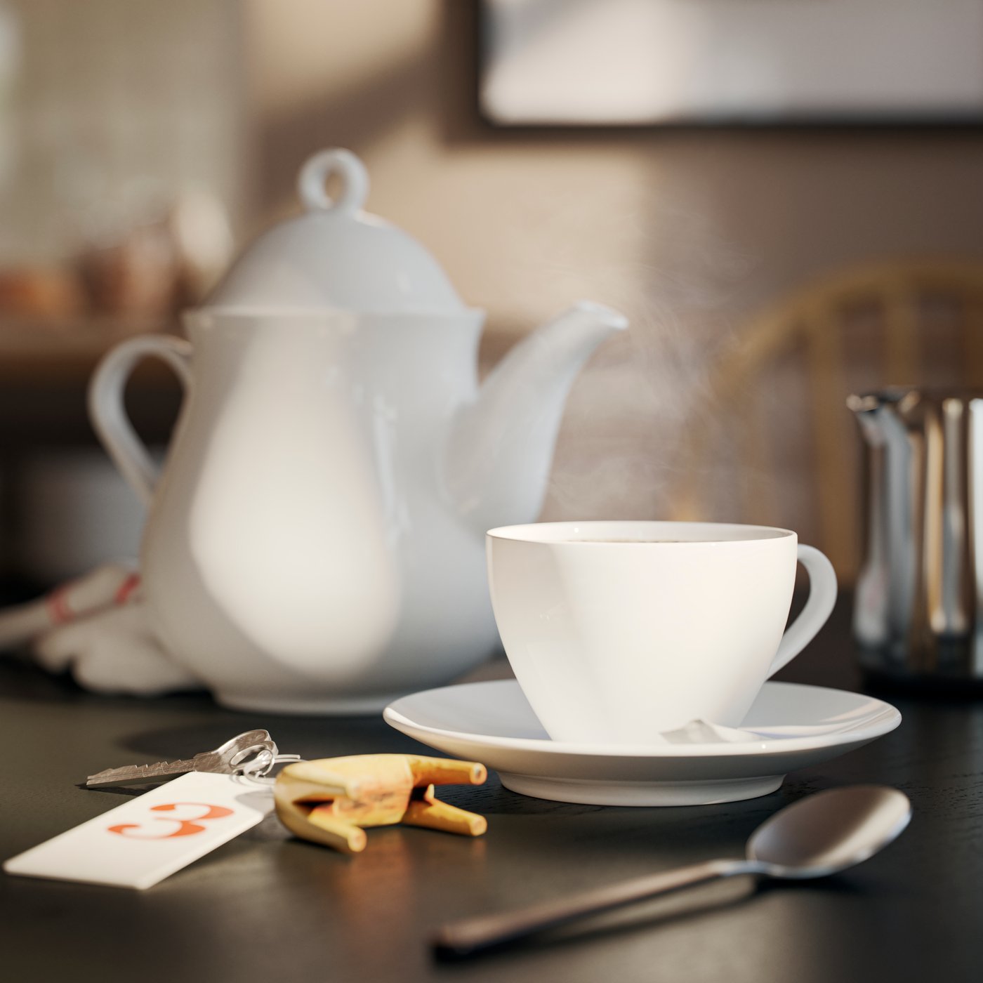 A white VÄRDERA coffee cup and saucer made of feldspar porcelain is on a table with a room key, a small spoon and a teapot.