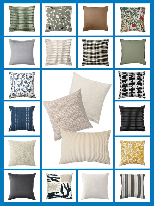 Kollagebild med olika kuddar mot en vit bakgrund med blått rutmönster. 