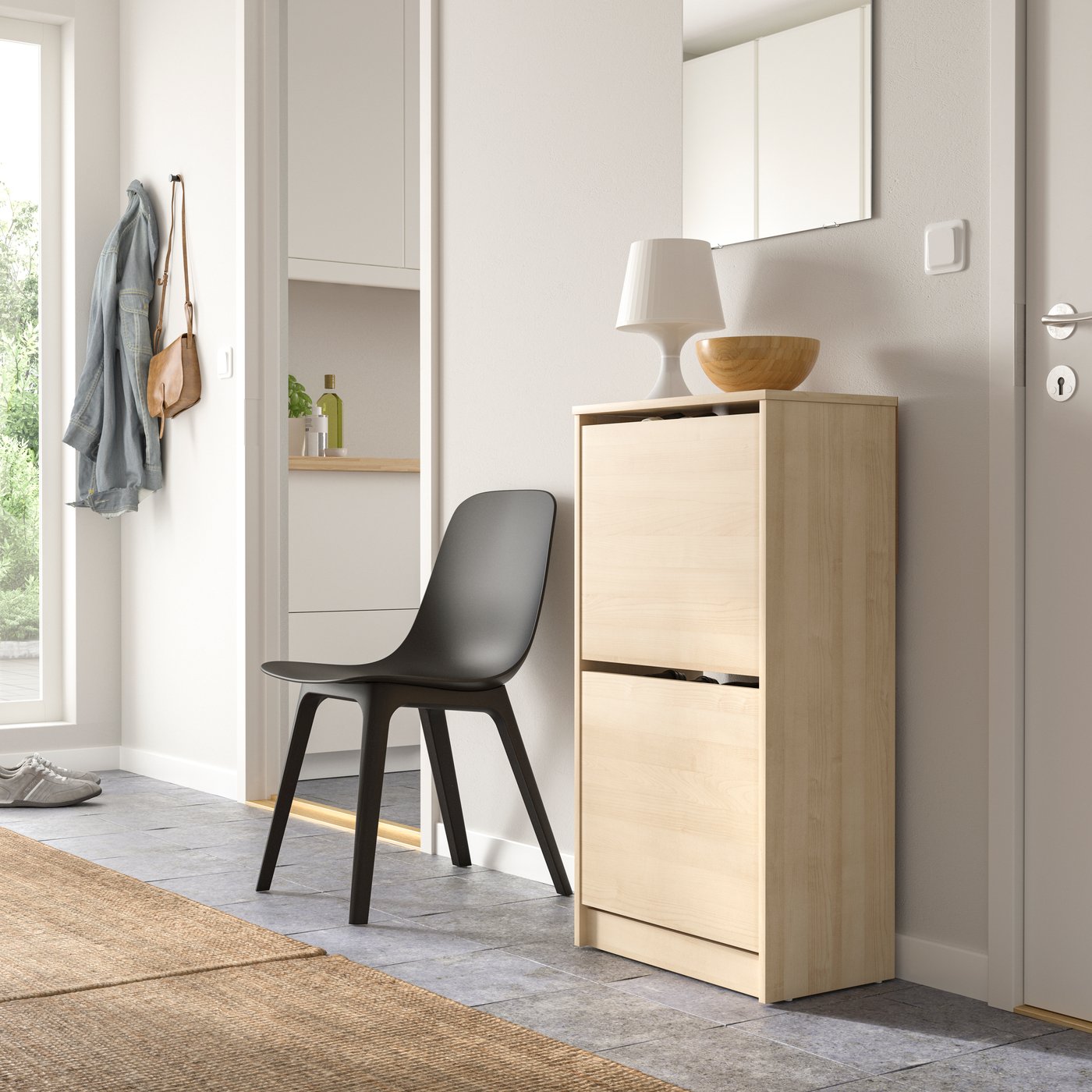 An oak effect BISSA shoe cabinet with 2 compartments