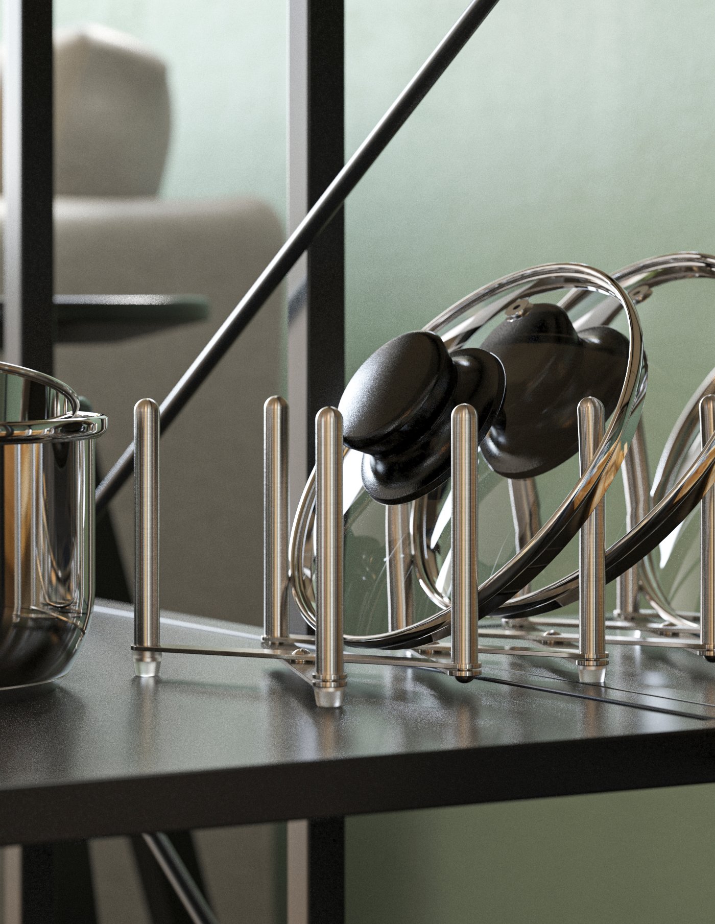 A stainless steel VARIERA pot lid organiser