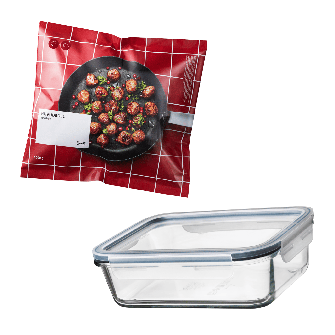 A bag of HUVUDROLL Swedish meatballs next to an IKEA 365+ food container.