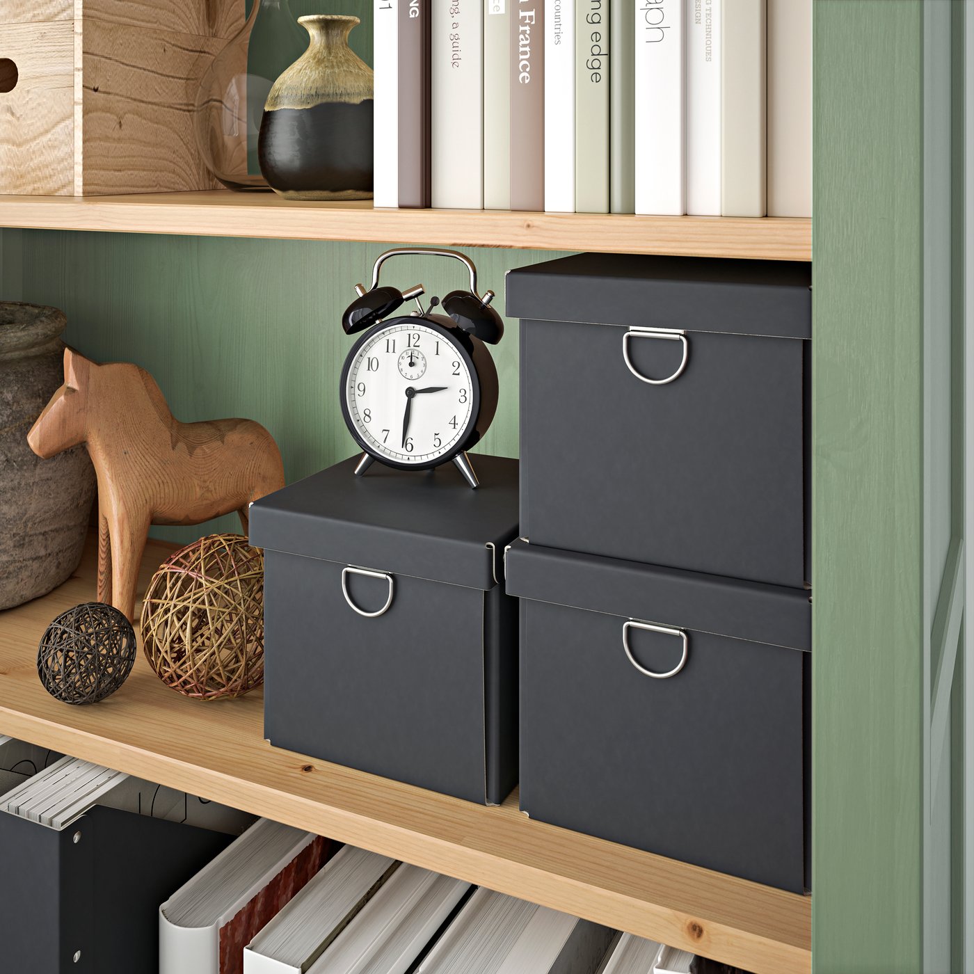 Bibliothèque HEMNES en gris vert/teinté brun clair.