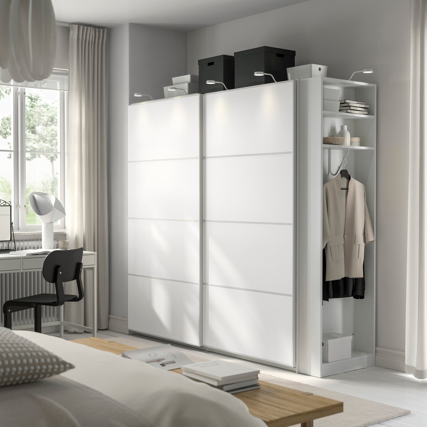 IKEA PAX / MEHAMN garderob med skjutdörrar, vit vit/dubbelsidig vit, 220x66x201 cm