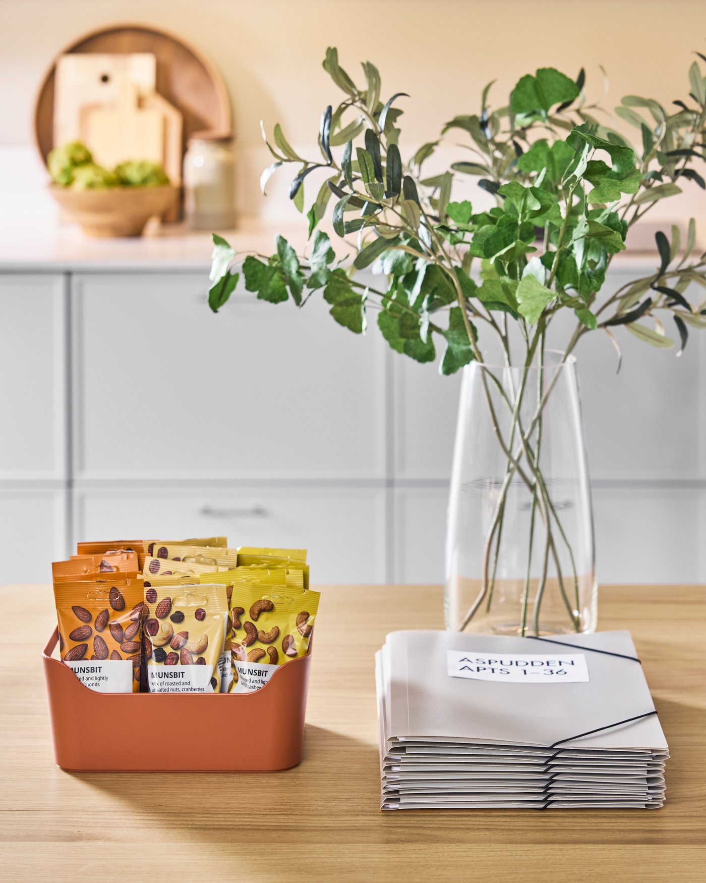 Es sind drei unterschiedliche MUNSBIT Nusspackungen in einer Box auf einem Tisch, neben einer Vase und Unterlagen.