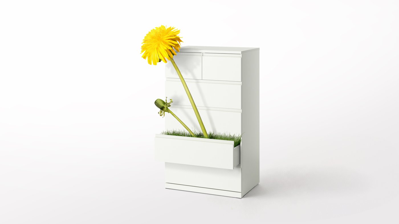 STORKLINTA chest of drawers with a dandelion peeking out of a drawer
