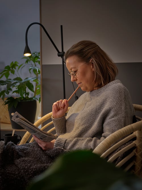 Cameră de zi cu lampadar, o persoană așezată pe un fotoliu, citind o revistă și ținând în mână un creion, o aruncătură de băț, plante în ghiveci.