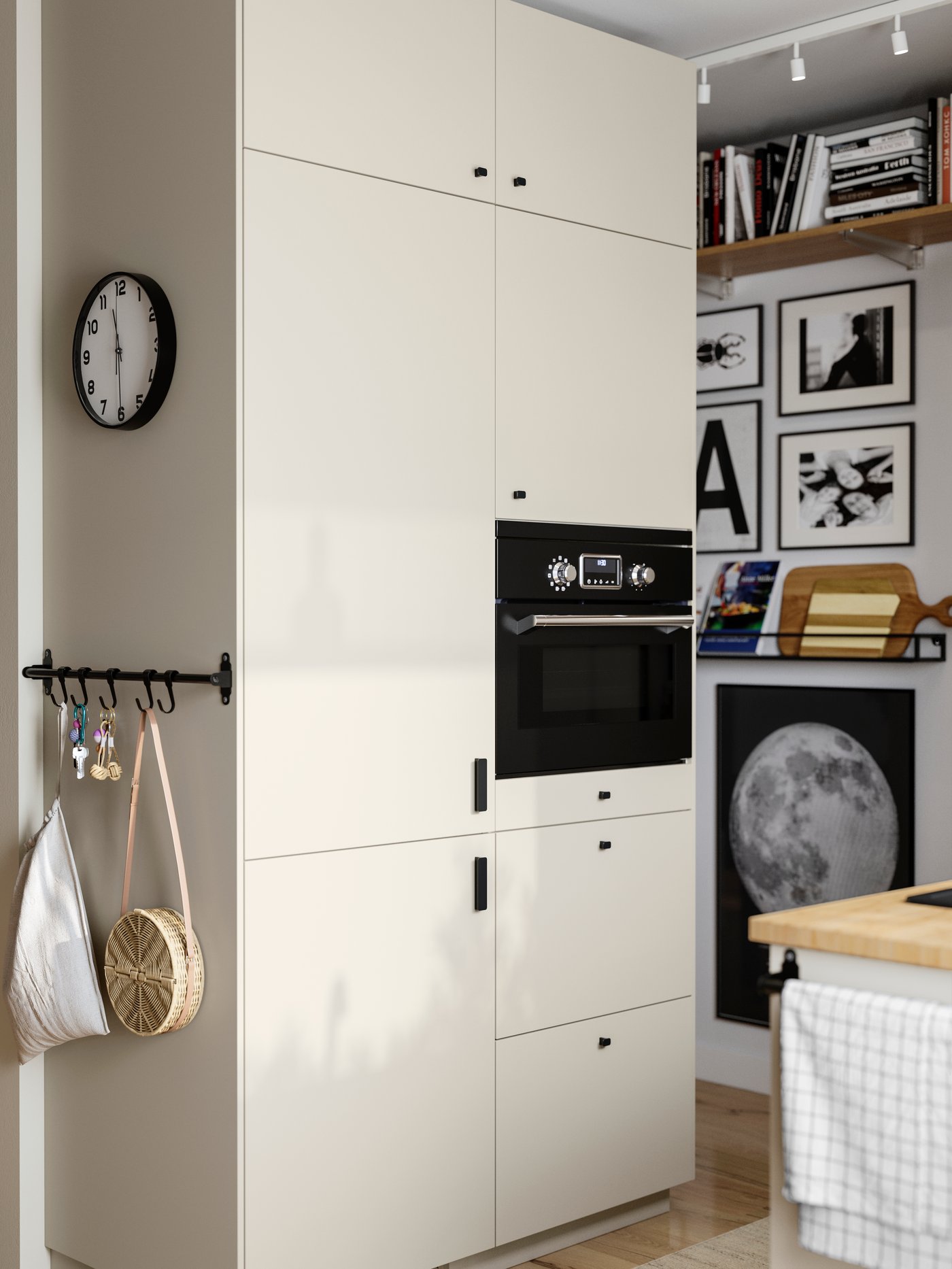A kitchen has an integrated fridge/freezer with beige HAVSTORP fronts and a built-in FORNEBY microwave combi with forced air.