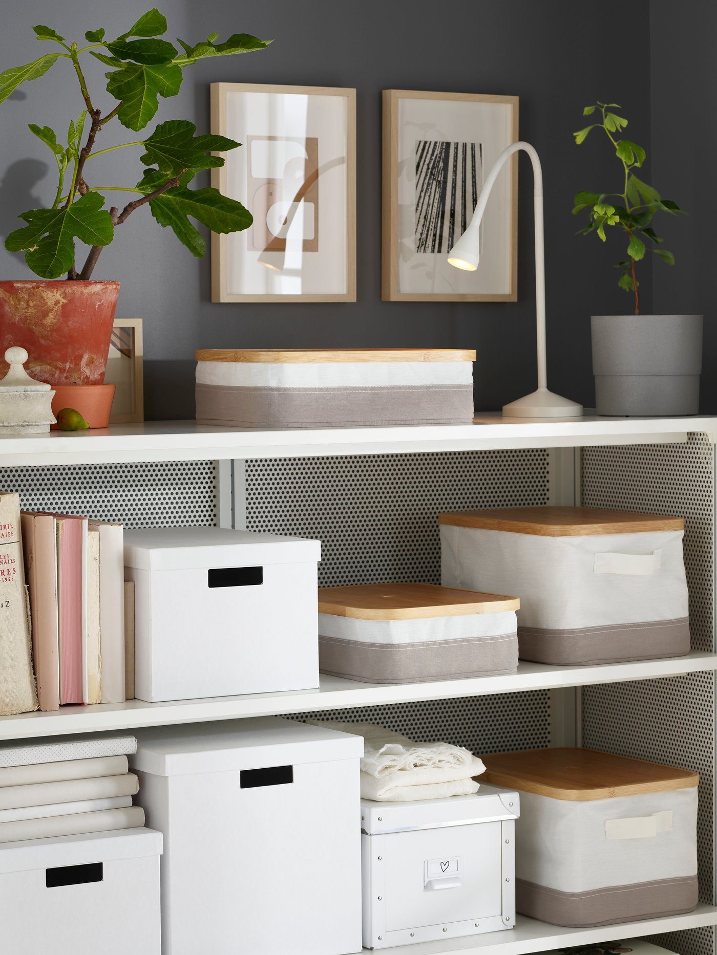 Scatole con coperchio TJENA su scaffale di un ufficio.