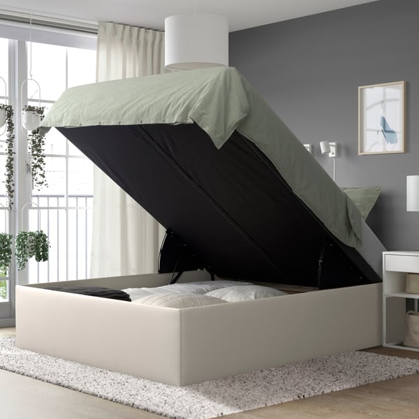 Open TJÅLLE upholstered ottoman bed, Bomstad white, 150x190 cm.