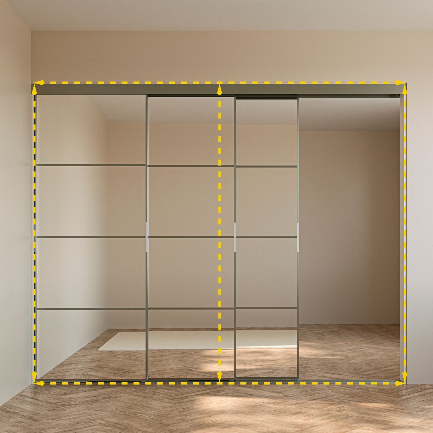 A SKYTTA sliding door solution with low, partly open doors, dividing a bright, unfurnished room with herringbone parquet.